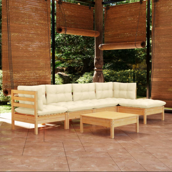 Muebles de jardín 6 piezas cojines madera de pino color crema D