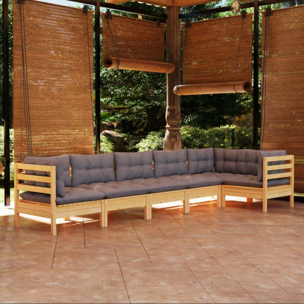 Conjunto de móveis de jardim 6 peças e almofadas em madeira de pinho D