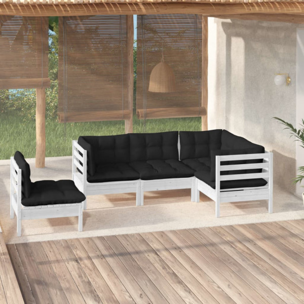Móveis de jardim 5 PCs com almofadas de madeira de pinheiro branco D