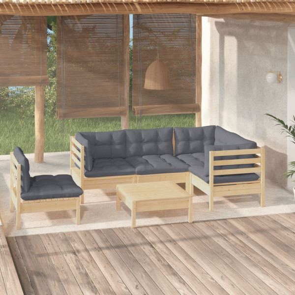 Conjunto de móveis de jardim de 6 peças com almofadas em madeira de pinho cinza D