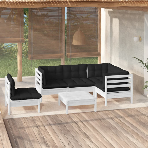 Muebles de jardín 6 pzas con cojines blanco madera de pino D