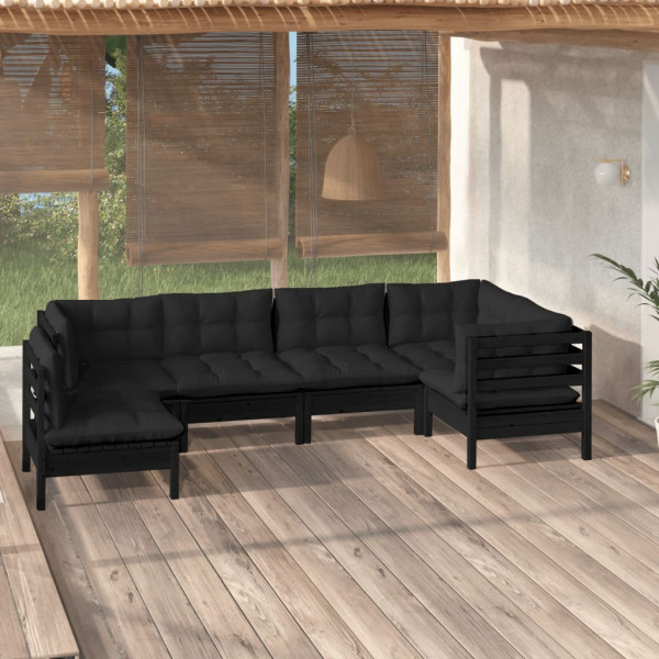Mobiliário de jardim 6 pessoas com almofadas preto madeira de pinho D