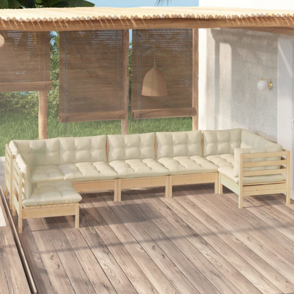 Mobiliário de jardim 7 peças almofadas madeira de pinho de cor creme D