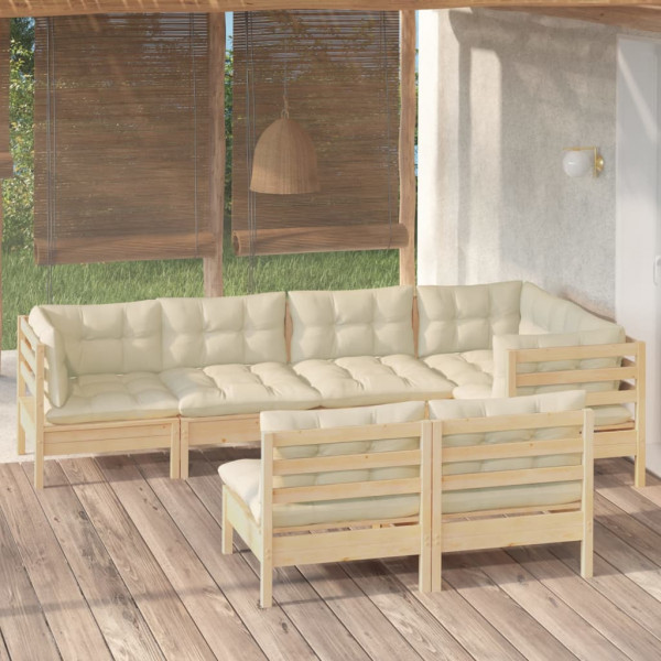 Mobiliário de jardim 7 peças e almofadas madeira maciça de pinho creme D