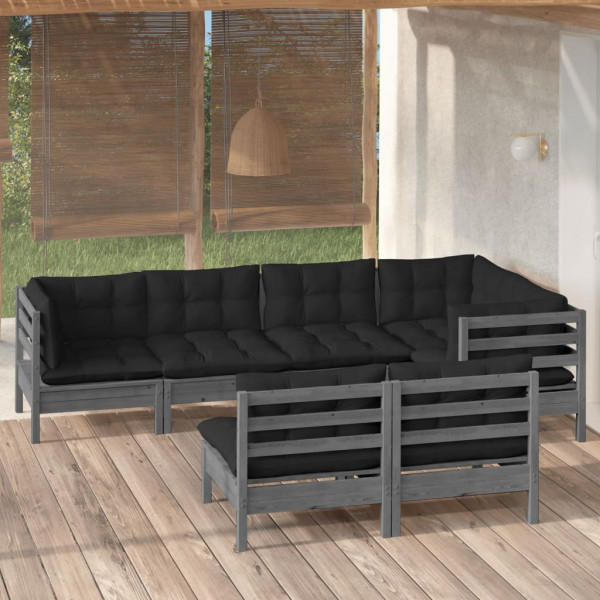 Muebles de jardín 7 pzas y cojines gris madera maciza de pino Muebles de jardín 7 pzas y cojines gris madera maciza de pino D
