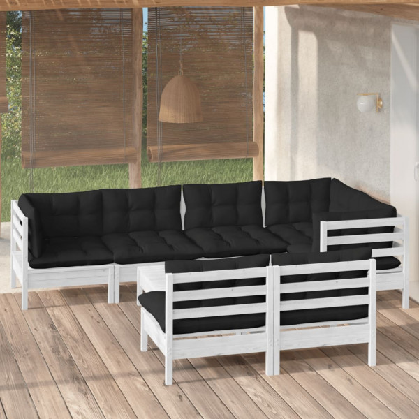 Muebles de jardín 8 pzas con cojines blanco madera maciza pino D
