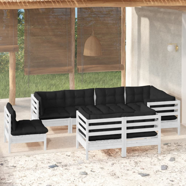 Móveis de jardim 8 peças e almofadas brancas em madeira maciça de pinho D