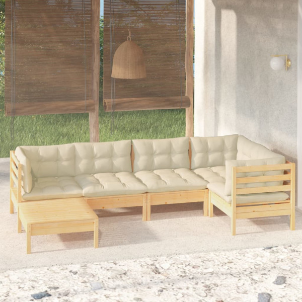 Mobiliário de jardim 6 peças e almofadas madeira maciça de pinho creme D