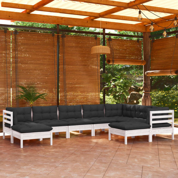 Mobiliário de jardim 9 peças e almofadas branco madeira maciça de pinho D
