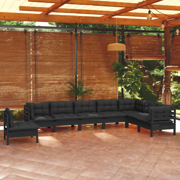 Móveis de jardim 8 peças e almofadas em madeira de pinho maciça preta D