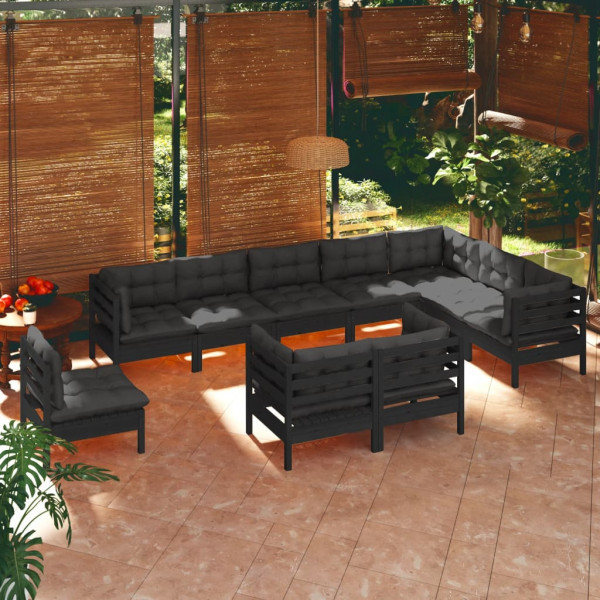 Muebles de jardín 10 pzas y cojines negro madera maciza de pino D