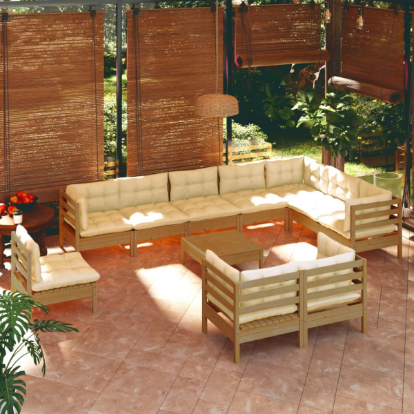 Móveis de jardim 11 peças e almofadas em madeira de pinho castanho mel D