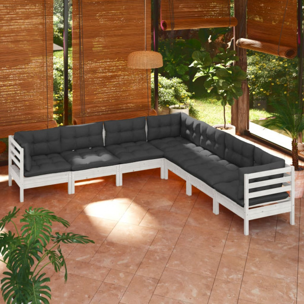 Muebles de jardín 7 pzas y cojines blanco madera maciza de pino D