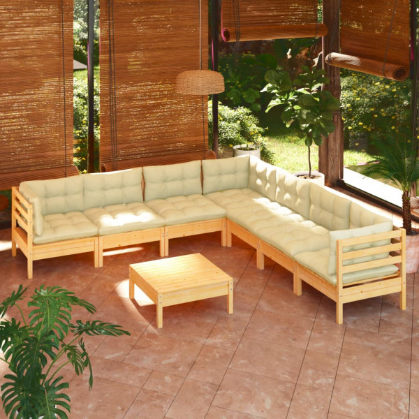 Muebles de jardín 8 pzas y cojines madera maciza de pino crema D
