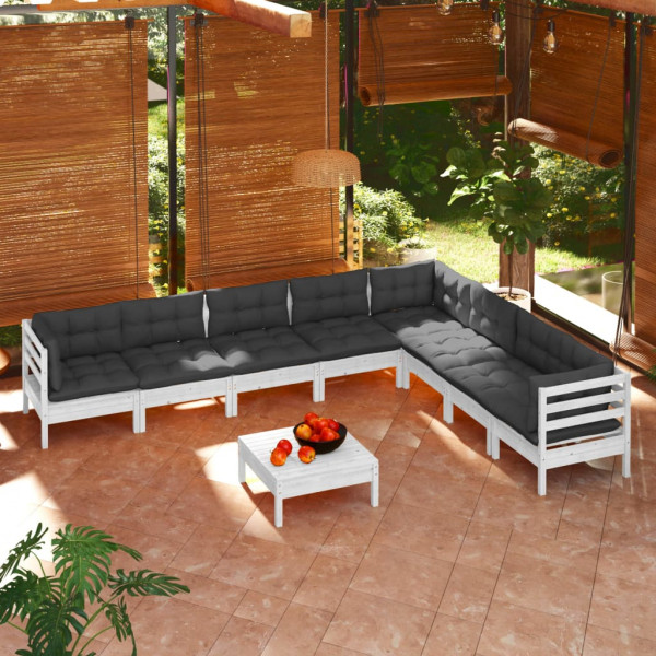 Muebles de jardín 9 pzas y cojines blanco madera maciza de pino D