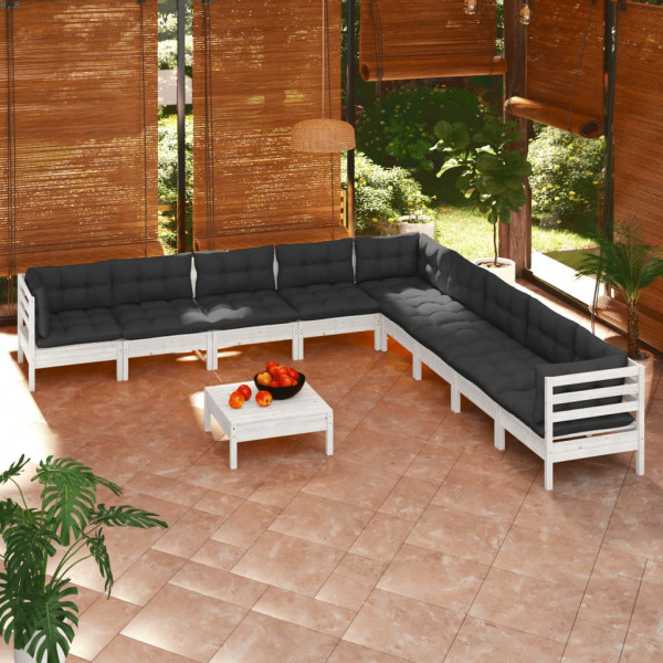 Mobiliário de jardim 10 pessoas com almofadas branco madeira maciça pinheiro D