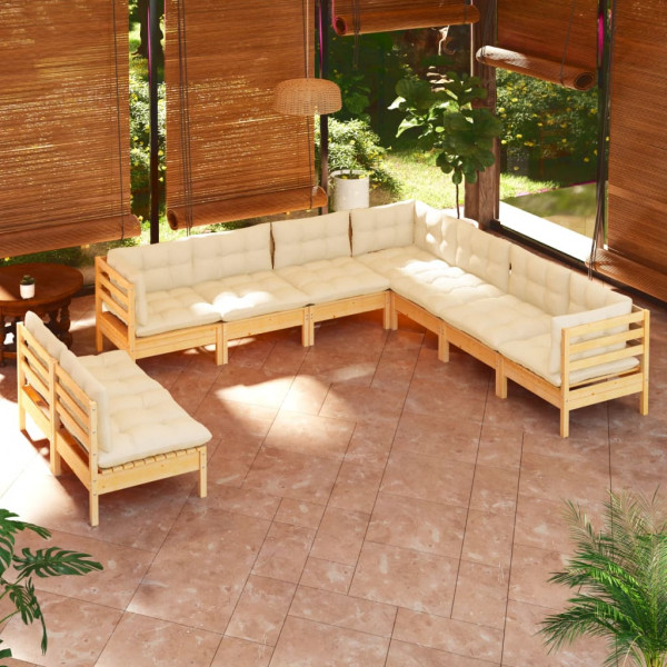 Mobiliário de jardim 9 peças e almofadas madeira maciça de pinho creme D