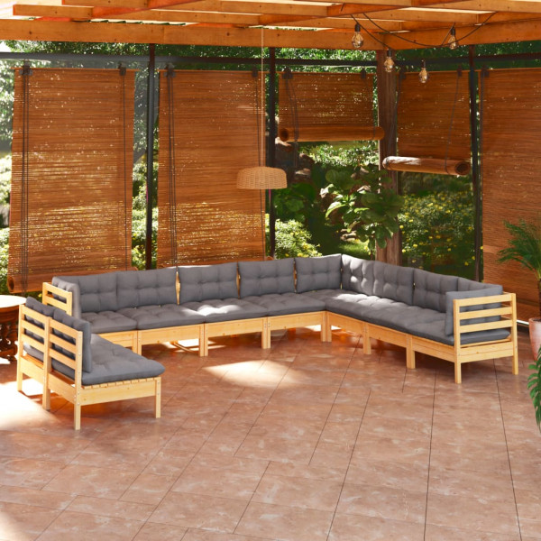 Jogos de mobiliário de jardim 10 peças e almofadas madeira maciça pinheiro D