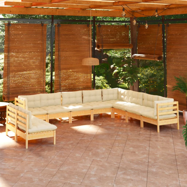 Muebles de jardín 10 pzas y cojines madera maciza de pino crema D