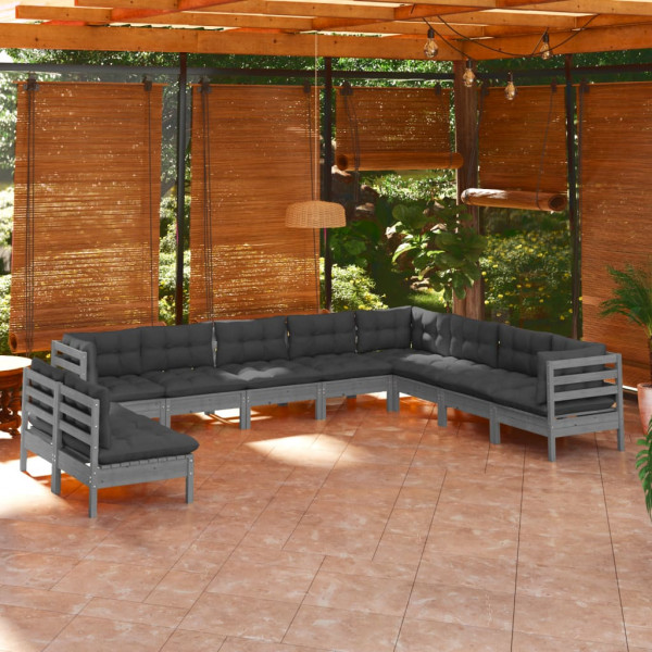 Muebles de jardín 10 pzas y cojines gris madera maciza de pino D