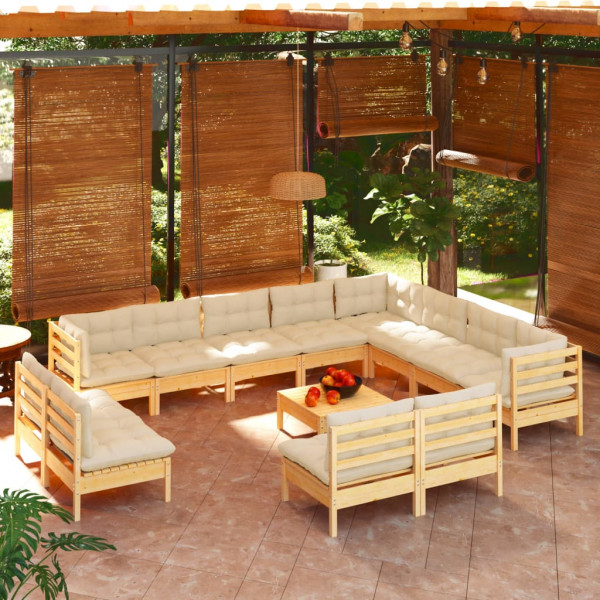 Muebles de jardín 13 piezas y cojines madera maciza pino crema D