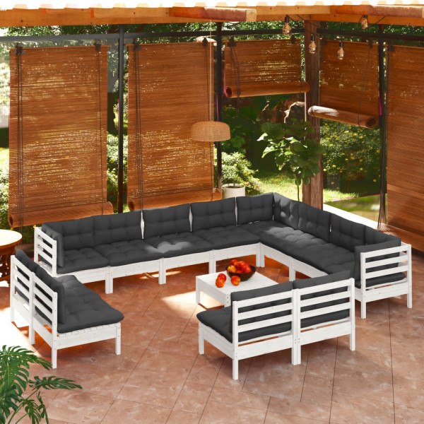 Muebles de jardín 13 pzas con cojines blanco madera maciza pino D