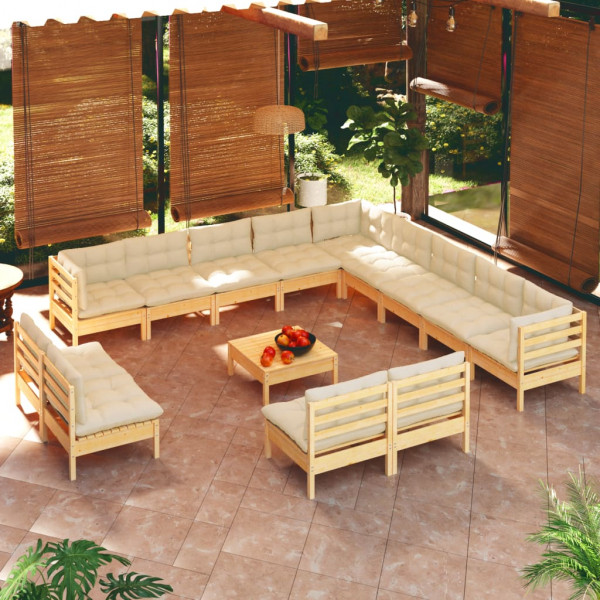 Mobiliário de jardim 14 peças almofadas madeira maciça de pinho creme D