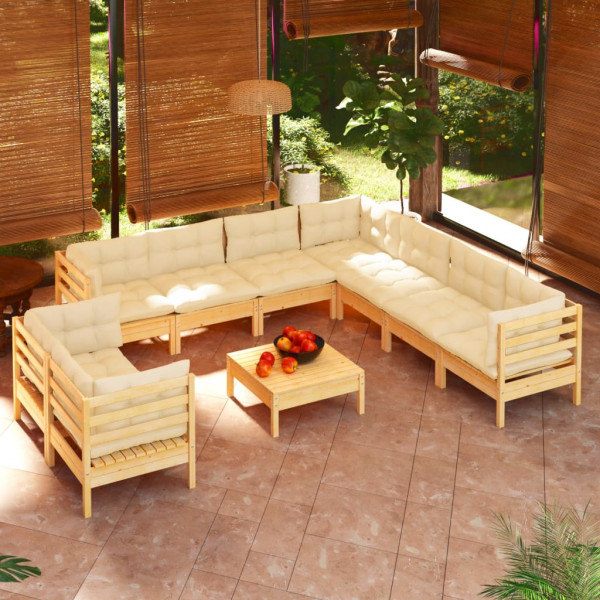 Móveis de jardim 10 peças e almofadas em madeira maciça de pinho creme D