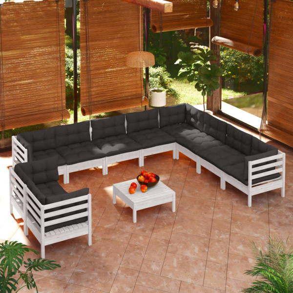 Mobiliário de jardim 11 peças e almofadas branco madeira maciça pinheiro D