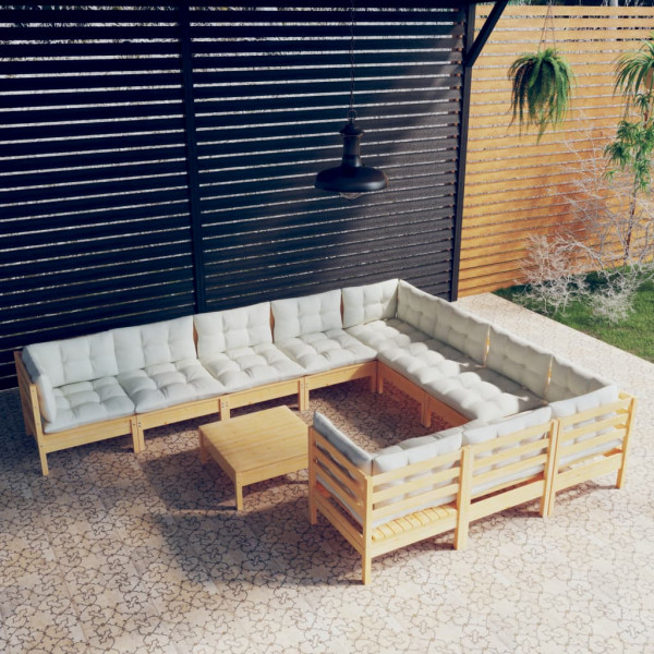 Mobiliário de jardim 11 peças e almofadas madeira de pinho creme D