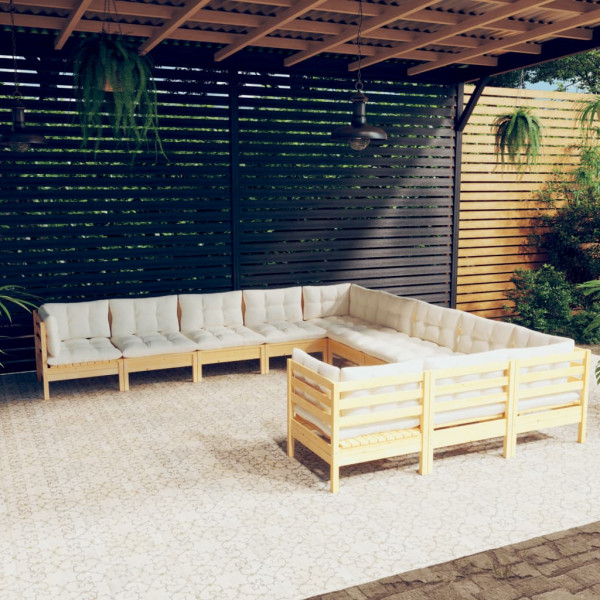 Mobiliário de jardim 11 peças e almofadas madeira de pinho creme D