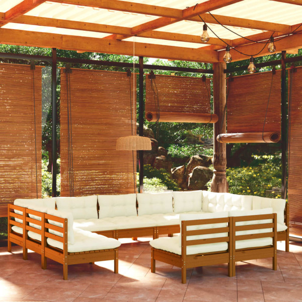 Muebles de jardín 11 pzas y cojines madera de pino marrón miel D