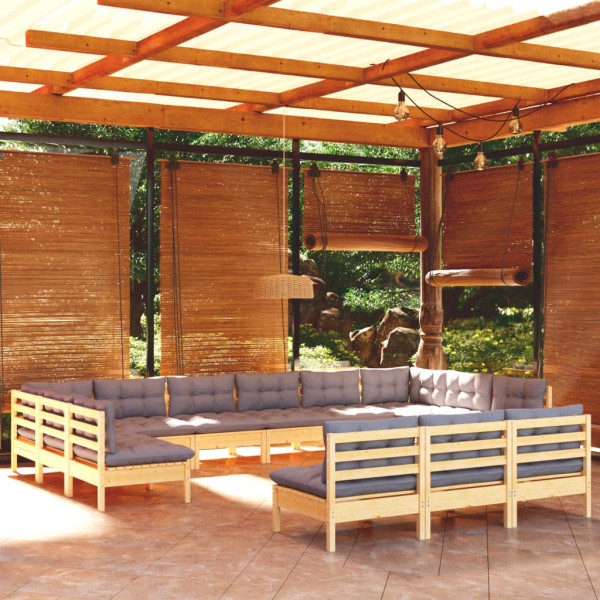 Muebles de jardín 13 pzas y cojines madera maciza de pino gris D