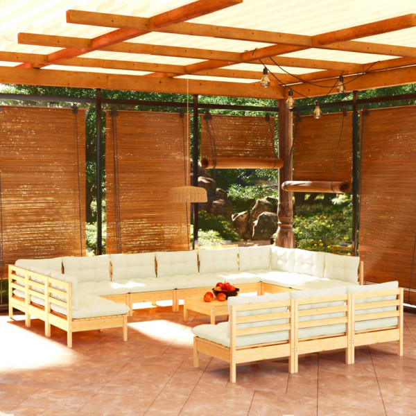 Muebles de jardín 14 piezas y cojines madera maciza de pino D