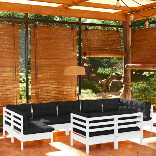 Muebles de jardín 9 pzas y cojines blanco madera maciza de pino D