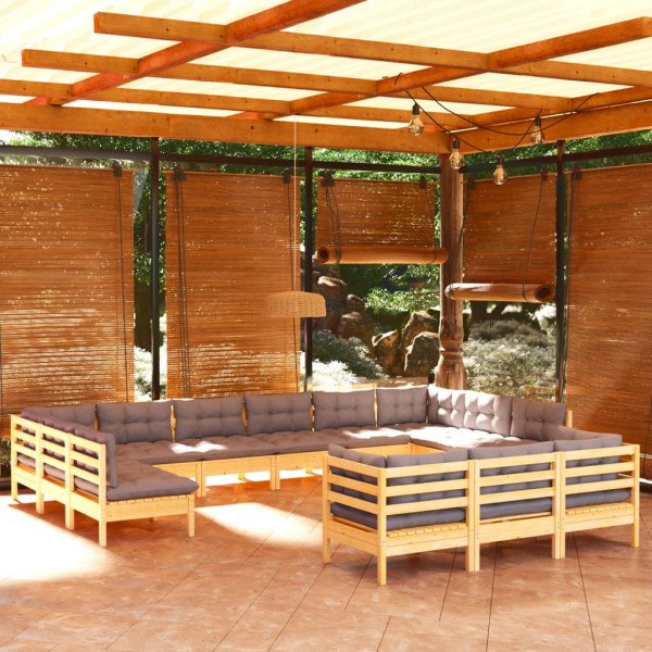 Conjunto de móveis de jardim com 13 peças e almofadas em madeira de pinho cinza D