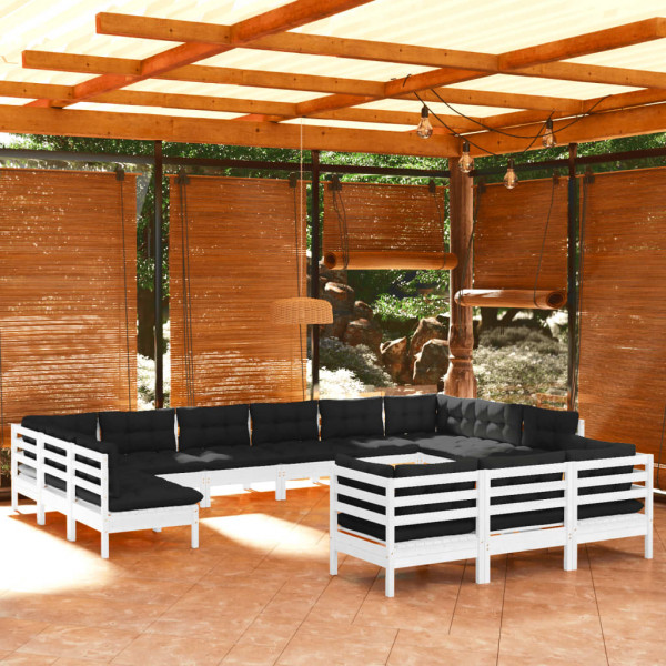 Muebles de jardín 13 pzas con cojines blanco madera de pino D