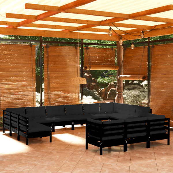 Muebles de jardín 13 pzas con cojines negro madera de pino D