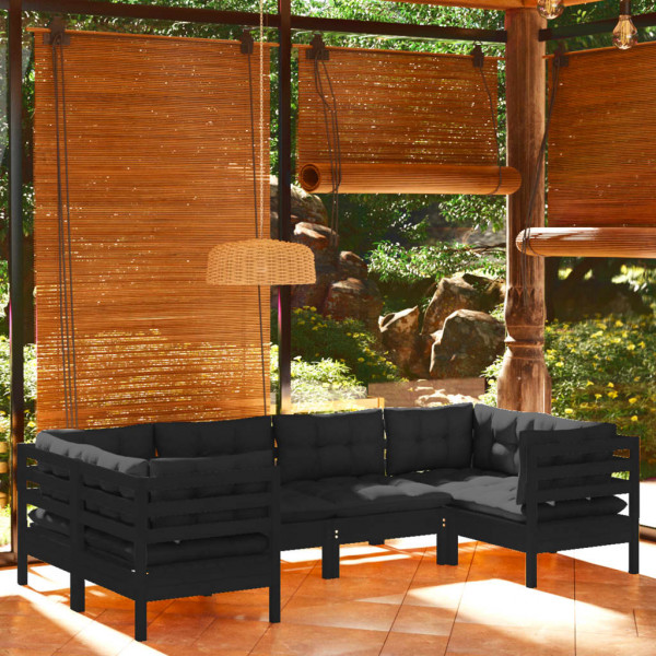 Muebles de jardín 6 pzas con cojines negro madera de pino D