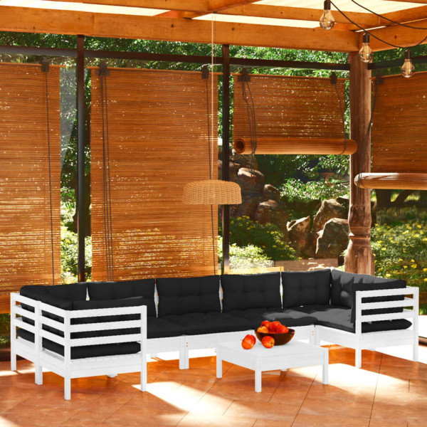 Muebles de jardín 8 pzas con cojines blanco madera de pino D