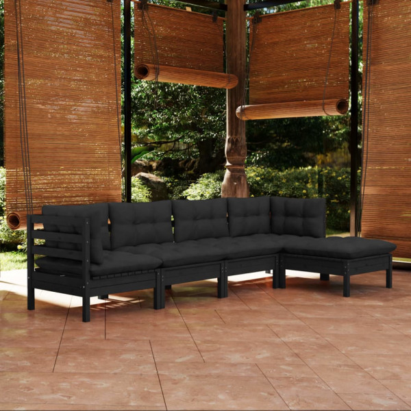 Móveis de jardim 5 PCs com almofadas de madeira de pinheiro preto D