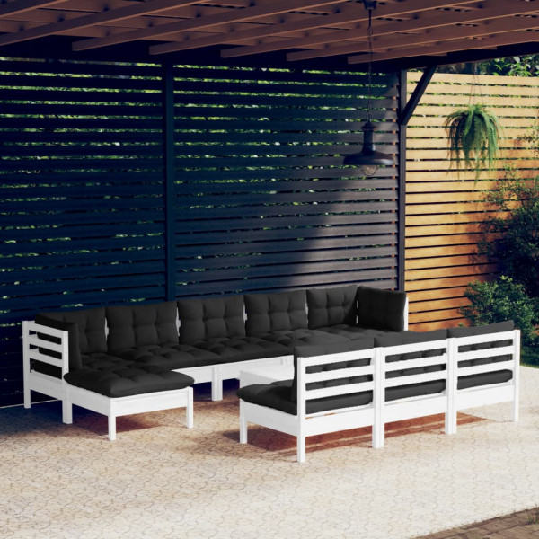 Mobiliário de jardim de 11 peças com almofadas branco madeira de pinho D