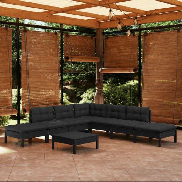Muebles de jardín 8 pzas con cojines negro madera de pino D