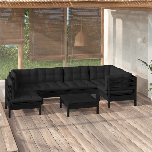 Mobiliário de jardim de 7 peças com almofadas preto madeira de pinho D