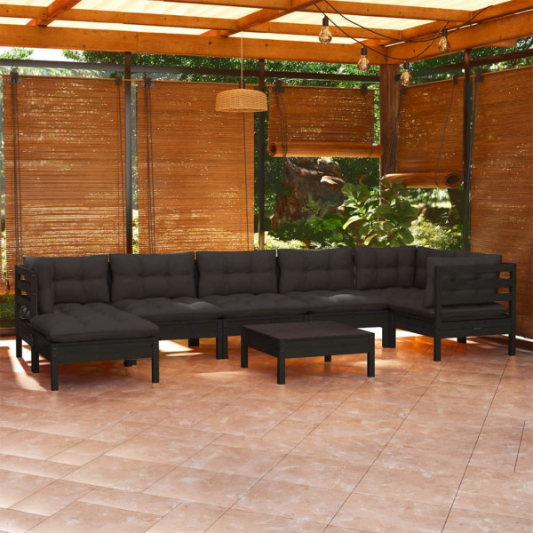 Muebles de jardín 8 pzas y cojines negro madera maciza de pino D