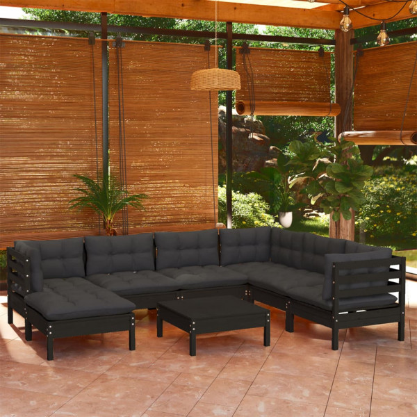 Mobiliário de jardim 8 pessoas e almofadas preto madeira maciça de pinho D