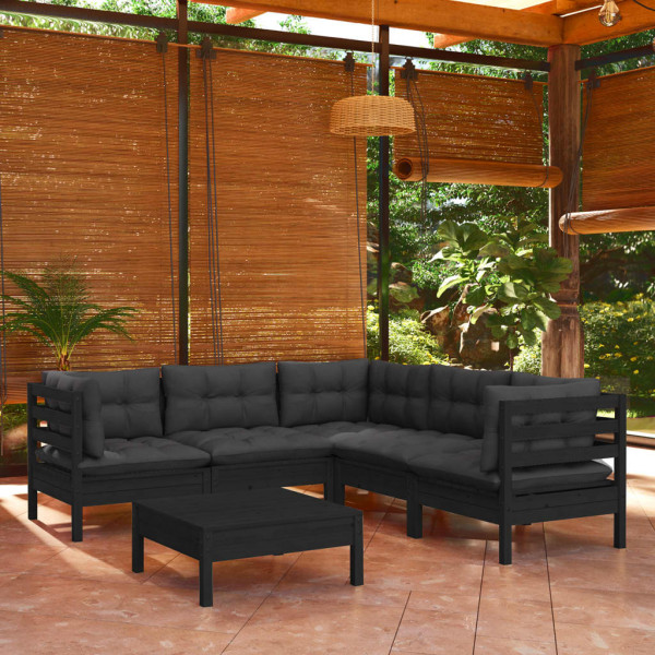 Mobiliário de jardim de 6 peças com almofadas preto madeira maciça pinheiro D