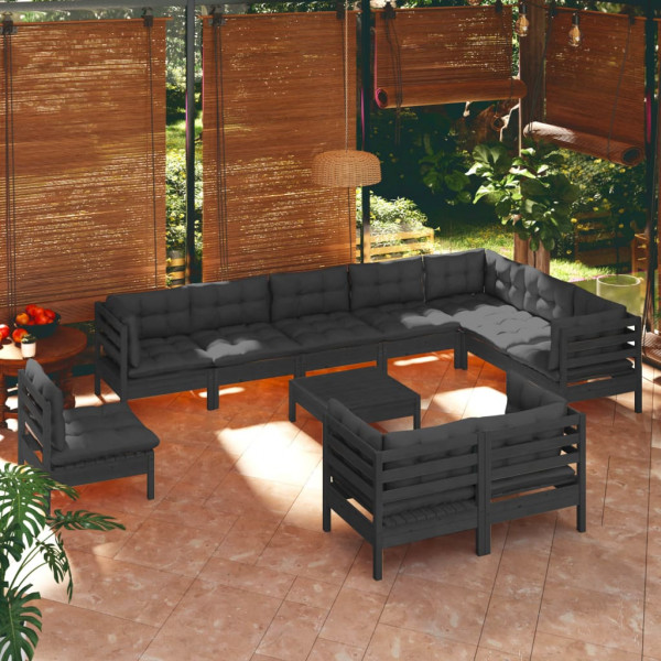 Muebles de jardín 11 pzas con cojines negro madera maciza pino D