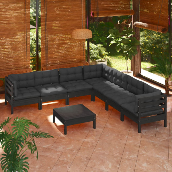 Muebles de jardín 8 pzas con cojines negro madera maciza pino D
