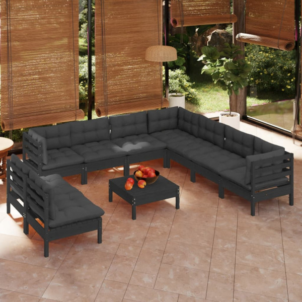 Mobiliário de jardim 10pcs com almofadas preto madeira maciça pinheiro D
